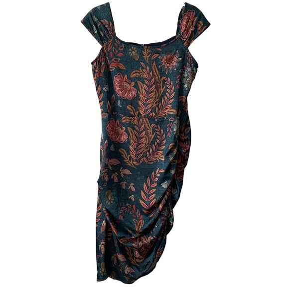 Averie Halley Ruched Midi Dress Flowery Print on Cobalt Blue Size Small - NEW - Picture 1 of 13